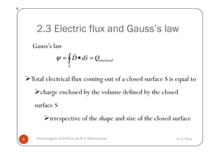 2.3 Electric flux and Gauss’s law
enclosed
S
QsdD =•= ∫
vr
ψ
ψ
Total electrical flux coming out of a closed surface S is equal to
Gauss’s law
8/11/2014Electromagnetic FieldTheory by R. S. Kshetrimayum6
Total electrical flux coming out of a closed surface S is equal to
charge enclosed by the volume defined by the closed
surface S
irrespective of the shape and size of the closed surface
 
