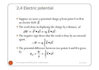 2.4 Electric potential
Suppose we move a potential charge q from point A to B in
an electric field
The work done in displacing the charge by a distance
The negative sign shows that the work is done by an external
E
r
dl
r
= - = -qdW F dl E dl• •
ur r ur r
8/11/2014Electromagnetic FieldTheory by R. S. Kshetrimayum8
The negative sign shows that the work is done by an external
agent.
The potential difference between two pointsA and B is given
by
= -q
B
A
W E dl∴ •∫
ur r
= = -
B
AB
A
W
E dl
q
φ •∫
ur r
 