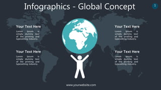 www.yourwebsite.com
1
Infographics - Global Concept
Your Text Here
Lorem Ipsum is
simply dummy text
of the printing and
typesetting industry.
Your Text Here
Lorem Ipsum is
simply dummy text
of the printing and
typesetting industry.
Your Text Here
Lorem Ipsum is
simply dummy text
of the printing and
typesetting industry.
Your Text Here
Lorem Ipsum is
simply dummy text
of the printing and
typesetting industry.
 