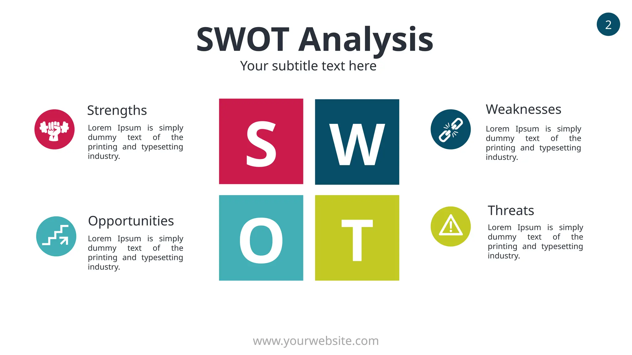 S
O
W
T
SWOT Analysis
Your subtitle text here
Strengths
Opportunities
Weaknesses
Threats
Lorem Ipsum is simply
dummy text of the
printing and typesetting
industry.
Lorem Ipsum is simply
dummy text of the
printing and typesetting
industry.
Lorem Ipsum is simply
dummy text of the
printing and typesetting
industry.
Lorem Ipsum is simply
dummy text of the
printing and typesetting
industry.
2
www.yourwebsite.com
 