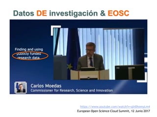 Datos DE investigación & EOSC
https://www.youtube.com/watch?v=qIn0homyLm4
European Open Science Cloud Summit, 12 Junio 2017
 