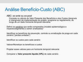 Análise Benefício-Custo (ABC)
• ABC: ex-ante ou ex-post
• Consiste no cálculo do Valor Presente dos Benefícios e dos Custos (tangíveis
e intangíveis) da implementação do projeto, programa ou regulamento, ao
longo de um dado horizonte temporal relevante.
• Definir os cenários que serão comparados (modelo epidemiológico e
impactos/segmentos a serem analisados)*
• Identificar os benefícios da prevenção, controle ou erradicação da praga em cada
cenário (“perdas evitadas”)
• Identificar os custos para cada cenário
• Valorar/Monetizar os benefícios e custos
• Projetar esses valores para um horizonte temporal relevante
• Comparar o Valor presente líquido (VPL) de cada cenário
 