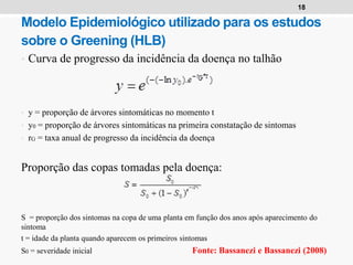 18
Modelo Epidemiológico utilizado para os estudos
sobre o Greening (HLB)
• Curva de progresso da incidência da doença no talhão
• y = proporção de árvores sintomáticas no momento t
• y0 = proporção de árvores sintomáticas na primeira constatação de sintomas
• rG = taxa anual de progresso da incidência da doença
Proporção das copas tomadas pela doença:
S = proporção dos sintomas na copa de uma planta em função dos anos após aparecimento do
sintoma
t = idade da planta quando aparecem os primeiros sintomas
S0 = severidade inicial Fonte: Bassanezi e Bassanezi (2008)
 