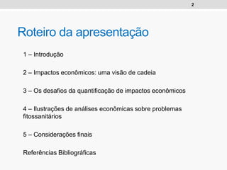 2
Roteiro da apresentação
1 – Introdução
2 – Impactos econômicos: uma visão de cadeia
3 – Os desafios da quantificação de impactos econômicos
4 – Ilustrações de análises econômicas sobre problemas
fitossanitários
5 – Considerações finais
Referências Bibliográficas
 