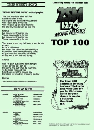 Mt.
The Giant 2SM
Christmas Stocking
has been filled to Om
brim with Gifts for
you for Christmas.
Listen for your
chance to receive
a Gift from
More Music
2SM.
THIS WEEK'S SONG
"I'VE DONE EVERYTHING FOR YOU" — Rick Springfield
This one way love affair ain't fair
It ain't no affair to me
It's all give and take and you just take
Well I can't take it you see
Well I'm givin up on love this time
Me and my friends we'll do just fine
Chorus
I've done everything for you
You've done nothing for me
I've done everything for you
You've done nothing for me
You knew some day I'd have a whole Iota
money
I'd be a millionaire
But when that didn't happen overnight
I found out how much you really cared
All you want is a whole lot of money
All the rest is just jive and honey
Chorus
Well I'm goin out on the town tonight
To get as wild as I can be
I'm gonna find out what its really like
To be loose high and free
I don't care what the people 'say
I'm taking my mind I'm changing to stay
Chorus
LYRICS REPRINTED BY KIND PERMISSION OF WARNER BROS.
HOT & NEW
YOU'RE MY HOME
Billy Joel
WHEN SHE WAS MY GIRL
Four Tops
LET HER DANCE
Phil Seymour
THE BREAKUP SONG (THEY
DON'T WRITE 'EM)
Greg Kihn Band
BERSERK WARRIORS
Mental As Anything
ALBUMS SOUNDTRACK
Arthur
LOVERBOY
Get Lucky
ABBA
The Visitors
RINGO STARR
Stop and Smell the Roses
BLONDIE
Best of Blondie
IAN DORY & BLOCKHEADS
Jukebox Duty
Commencing Monday 14th December, 1981
TOP 100
MATERIAL ON THIS CHART MUST NOT BE REPRODUCED WITHOUT
PERMISSION OF RADIO STATION 2SM.
SINGLES CBS BA 222881
POLY 6180 061
CBS ES 662
EMI LS 587
FEST K 8594
WEA BSK 3582
CBS SBP 237675
RCA VPLI 6607
RCA DXLI 3196
FEST L 52003
FEST L 37744
 