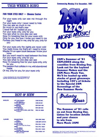 2SM's Summer of '81
EXPLODES along the
coastline from Boxing Day.
Look out for the Leyland
Summer Mokes and the
2SM More Music Van.
We'll be loaded up 'th
stacks of great giveaways
including 100's of tickets
to the Special 2SM
Screenings of the
New Summer Movie
The Summer of '81 rolls
on out from Boxing Day.
Listen for location details
and your chance
to win from
More Music 2SM!
THIS WEEKS SONG
Commencing Monday 21st December, 1981
FOR YOUR EYES ONLY — Sheena Easton
For your eyes only can see me through the
night
For your eyes only I never need to hide
You can see so much in me
So much in me that's new
I never felt till I looked at you
For your eyes only, only for you
You see what no one else can see
Now I'm breaking free for your eyes only
Only for you, the love I know you need in me
Fantasy you freed in me, only for you, only for
you
For your eyes only the nights are never cold
You really know me that's all I need to know
Maybe I'm an open book because I know your
mine
But you won't need to read between the lines
For your eyes only, only for you
You see what no one else can see
Now I'm breaking free for your eyes only, only
for you
The passion that collides in me, wild abandoned
inside
Of me, only for you, for your eyes only
LYRICS REPRINTED BY KIND PERMISSION OF
UNITED ARTISTS MUSIC AUSTRALIA PTY LTD
HOT &
SINGLES LET HER DANCE CBS ES 662
0hii Seymour
HAPPY BIRTHDAY CBS ES 691
Altered Images
CAMBODIA EMI RAK 336
Kim Wilde
CENTREFOLD EMI AM! 630
J. Geils Band
WAITING FOR A GIRL LIKE YOU WEA 45 3868
Foreigner
ALBUMS SOUNDTRACK WEA BSK 3582
Arthur
LOVERBOY CBS SBP 237675
Get Lucky
RINGO STARR RCA DXL1 3196
Stop and Smell the Roses
ABBA RCA VPL1 6607
The Visitors
DAVID BOWIE RCA APL1 4202
Changes Two
LINDSEY BUCKINGHAM POLY 6302 167
Law and Order
TOP 100
MATERIAL ON THIS CHART MUST NOT BE REPRODUCED WITHOUT
PERMISSION OF RADIO STATION 2SM.
 