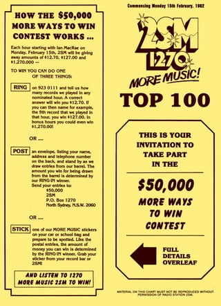 HOW THE $509000
MORE WAYS TO WIN
CONTEST WORKS ...
Each hour starting with Ian MacRae on
Monday, February 15th, 2SM will be giving
away amounts of $12.70, $127.00 and
$1,270.000 -
TO WIN YOU CAN DO ONE
OF THREE THINGS:
RING on 923 0111 and tell us how
many records we played in any
nominated hour. A correct
answer will win you $12.70. If
you can then name for example,
the 9th record that we played in
that hour, you win $127.00. In
bonus hours you could even win
$1,270.00!
OR ....
I POST I an envelope, listing your name,
address and telephone number
on the back, and stand by as we
draw entries from our barrel. The
amount you win for being drawn
from the barrel is determined by
our RING-IN winner.
Send your entries to:
$50,000
2SM
P.O. Box 1270
North Sydney, N.S.W. 2060
OR ....
STICK one of our MORE MUSIC stickers
on your car or school bag and
prepare to be spotted. Like the
postal entries, the amount of
money you can win is determined
by the RING-IN winner. Grab your
sticker from your record bar or
2SM!
AHD LISTEN TO 1270
MORE MUSIC 25M TO WIN
Commencing Monday 15th February, 1982
TOP 100
MATERIAL ON THIS CHART MUST NOT BE REPRODUCED WITHOUT
PERMISSION OF RADIO STATION 2SM.
THIS IS YOUR
INVITATION TO
TAKE PART
IN THE
$50,000
MORE WAYS
TO WIN
CONTEST
FULL
DETAILS
OVERLEAF
 