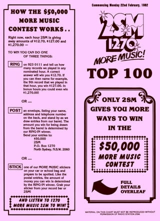 HOW THE $50,000
MORE MUSIC
CONTEST WORKS . .
Right now, each hour 2SM is giving
away amounts of $12.70, $127.00 and
$1,270.00 —
TO WIN YOU CAN DO ONE
OF THREE THINGS:
RING on 923 0111 and tell us how
many records we played in any
nominated hour. A correct
answer will win you $12.70. If
you can then name for example,
the 9th record that we played in
that hour, you win $127.00. In
bonus hours you could even win
$1,270.00!
OR ....
POST J an envelope, listing your name,
address and telephone number
on the back, and stand by as we
draw entries from our barrel. The
amount you win for being drawn
from the barrel is determined by
our RING-IN winner.
Send your entries to:
$50,000
2SM
P.O. Box 1270
North Sydney, N.S.W. 2060
OR ....
STICK one of our MORE MUSIC stickers
on your car or school bag and
prepare to be spotted. Like the
postal entries, the amount of
money you can win is determined
by the RING-IN winner. Grab your
sticker from your record bar or
2SM!
AND LISTEN TO 1270
MORE MUSIC 25M TO WIN!:
ONLY 2SM
GIVES YOU MORE
WAYS TO WIN
IN THE
$50,000
MORE MUSIC
CONTEST
FULL
DETAILS
OVERLEAF
Commencing Monday 22nd February, 1982
MATERIAL ON THIS CHART MUST NOT BE REPRODUCED WITHOUT
PERMISSION OF RADIO STATION 2SM.
 