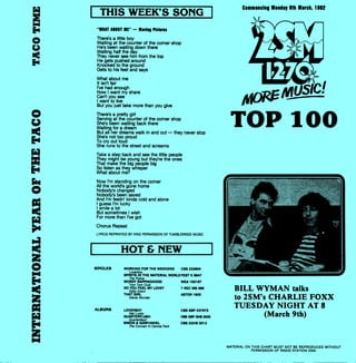 THIS WEEK'S SONG
"WNAT ABOUT ME" — Moving Pictures
There's a little boy
Waiting at the counter of the corner shop
He's been waiting down there
Waiting half the day
They never see him from the top
He gets pushed around
Knocked to the ground
Gets to his feet and says
What about me
It isn't fair
I've had enough
Now I want my share
Can't you see
I want to live
But you just take more than you give
There's a pretty girl
Serving at the counter of the corner shop
She's been waiting back there
Waiting for a dream
But all her dreams walk in and out — they never stop
She's not too proud
To cry out loud
She runs to the street and screams
Take a step back and see the little people
They might be young but they're the ones
That make the big people big
So listen as they whisper
What about me?
Now I'm standing on the corner
All the worlds gone home
Nobody's changed
Nobody's been saved
And I'm feelin' kinda cold and alone
I guess I'm lucky
I smile a lot
But sometimes I wish
For more than I've got
Chorus Repeat
LYRICS REPRINTED BY KIND PERMISSION OF TUMBLEWEED MUSIC
HOT & NEW
SINGLES WORKING FOR THE WEEKEND CBS 222904
Loverboy
SPIRITS IN THE MATERIAL WORLD FEST K 8647
The Police
WORDY RAPPINGHOOD WEA 100187
Tom Tom Club
DO YOU FEEL MY LOVE? 7 REC MS 466
Eddy Grant
THAT GIRL ASTOR 1602
Stevie Wonder
LOVERBOY
Get Lucky
QUARTERFLASH
Quarterflash
SIMON & GARFUNKEL
The Concert In Central Park
Commencing Monday dth March, 102
BILL WYMAN talks
to 2SM's CHARLIE FOXX
TUESDAY NIGHT AT 8
(March 9th)
ALBUMS CBS SBP 237675
CBS GEF GHS 2003
CBS 2GHS 2012
MATERIAL ON THIS CHART MUST NOT BE REPRODUCED WITHOUT
PERMISSION OF RADIO STATION 2SM.
 