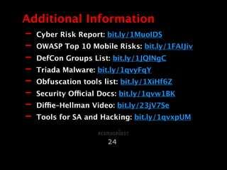 - Cyber Risk Report: bit.ly/1MuoIDS
- OWASP Top 10 Mobile Risks: bit.ly/1FAIJiv
- DefCon Groups List: bit.ly/1JQlNgC
- Triada Malware: bit.ly/1qvyFqY
- Obfuscation tools list: bit.ly/1XiHf6Z
- Security Official Docs: bit.ly/1qvw1BK
- Diffie–Hellman Video: bit.ly/23jV7Se
- Tools for SA and Hacking: bit.ly/1qvxpUM
Additional Information
24
 