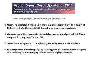 Schuur and Hugelius (2016) Terrestrial Carbon Cycle. Arctic Report Card.
 Northern permafrost zones soils contain up to 1800 Pg C m-2 to a depth of
100 cm, half of all terrestrial SOC, double amount in atmosphere.
 Warming conditions promote microbial conversation of permafrost C into
the greenhouse gases CO2 and CH4
 Overall tundra appears to be releasing net carbon to the atmosphere
 The magnitude and timing of greenhouse gas emissions from these regions
and their impact on changing climate remain highly uncertain
 
