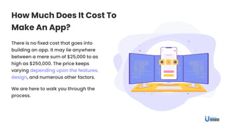 How Much Does It Cost To
Make An App?
There is no fixed cost that goes into
building an app. It may lie anywhere
between a mere sum of $25,000 to as
high as $250,000. The price keeps
varying depending upon the features,
design, and numerous other factors.
We are here to walk you through the
process.
 