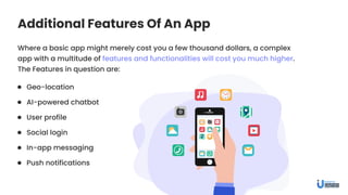 Additional Features Of An App
Where a basic app might merely cost you a few thousand dollars, a complex
app with a multitude of features and functionalities will cost you much higher.
The Features in question are:
Geo-location
User profile
In-app messaging
AI-powered chatbot
Social login
Push notifications
 