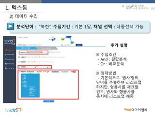 1. 텍스톰
분석단어 : “북한”, 수집기간 : 기본 1달, 채널 선택 : 다중선택 가능
2) 데이터 수집
추가 설명
※ 수집조건
- And : 결합분석
- Or : 비교분석
※ 정제방법
- 기본적으로 ‘명사’형의
단어를 추출하여 리스트업
하지만, 형용사를 체크할
경우, 명사와 형용사를
동시에 리스트업 해줌
2. 을 이용한
데이터 수집 및 매트릭스 생성
 