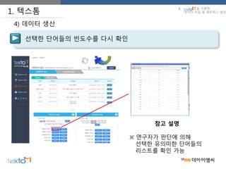 1. 텍스톰
선택한 단어들의 빈도수를 다시 확인
4) 데이터 생산
2. 을 이용한
데이터 수집 및 매트릭스 생성
참고 설명
※ 연구자가 판단에 의해
선택한 유의미한 단어들의
리스트를 확인 가능
 