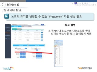 2. UcINet 6
노드의 크기를 변형할 수 있는 “Frequency” 파일 생성 필요
2) 데이터 삽입
참고 설명
※ 정제단어 빈도수의 다운로드를 받아
단어와 빈도수를 복사, 붙여넣기 시행
3. 을 이용한
SNA(Social Network Analysis) 분석
 