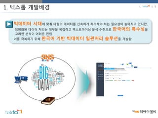 빅데이터 시대에 맞춰 다량의 데이터를 신속하게 처리해야 하는 필요성이 높아지고 있지만,
정형화된 데이터 처리는 대부분 복잡하고 텍스트마이닝 분석 수준으로 한국어의 특수성을
고려한 분석이 어려운 편임
이를 극복하기 위해 한국어 기반 빅데이터 일관처리 솔루션을 개발함
1. 텍스톰 개발배경 1. 소 개
 