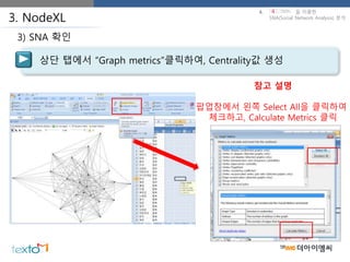 상단 탭에서 “Graph metrics”클릭하여, Centrality값 생성
3) SNA 확인
3. NodeXL
참고 설명
팝업창에서 왼쪽 Select All을 클릭하여
체크하고, Calculate Metrics 클릭
4. 을 이용한
SNA(Social Network Analysis) 분석
 
