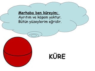 Merhaba ben küreyim;
Ayrıtım ve köşem yoktur.
Bütün yüzeylerim eğridir.




                 KÜRE
 