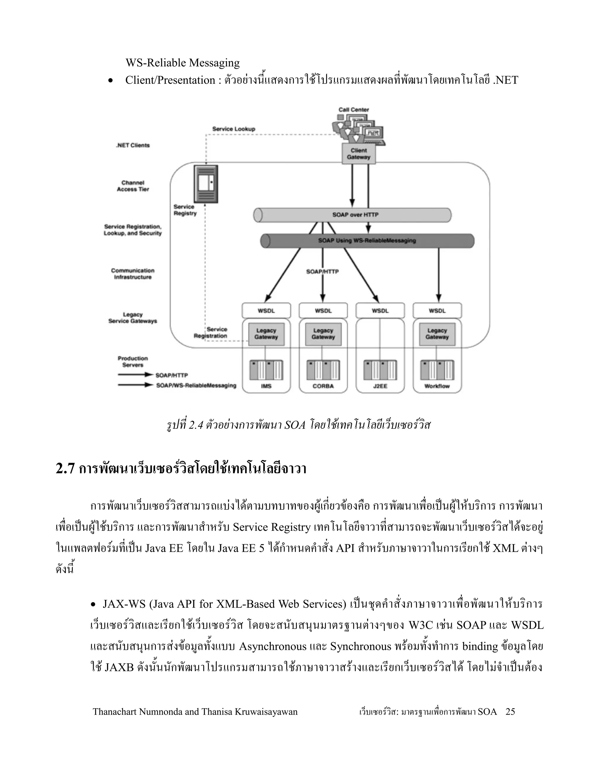 WS-Reliable Messaging
          •   Client/Presentation : ตวอย+างน2แสดงการใช'โปรแกรมแสดงผลทพฒนาโดยเทคโนโลย .NET




                       รปท 2.4 ตวอย*างการพฒนา SOA โดยใช%เทคโนโลยเว(บเซอรวส

2.7 การพฒนาเว*บเซอรวสโดยใช)เทคโนโลยจาวา

       การพฒนาเว/บเซอรว,สสามารถแบ+งได'ตามบทบาทของผ'เกยวข'องค0อ การพฒนาเพ0อเปนผ'ให'บร,การ การพฒนา
เพ0อเปนผ'ใช'บร,การ และการพฒนาส-าหรบ Service Registry เทคโนโลยจาวาทสามารถจะพฒนาเว/บเซอรว,สได'จะอย+
ในแพลตฟอรมทเปน Java EE โดยใน Java EE 5 ได'ก-าหนดค-าสง API ส-าหรบภาษาจาวาในการเรยกใช' XML ต+างๆ
ดงน2

      • JAX-WS (Java API for XML-Based Web Services)    เปนช. ด ค-า สงภาษาจาวาเพ0 อพฒนาให' บ ร, ก าร
      เว/บเซอรว,สและเรยกใช'เว/บเซอรว,ส โดยจะสนบสน.นมาตรฐานต+างๆของ W3C เช+น SOAP และ WSDL
      และสนบสน.นการส+งข'อมลท2งแบบ Asynchronous และ Synchronous พร'อมท2งท-าการ binding ข'อมลโดย
      ใช' JAXB ดงน2นนกพฒนาโปรแกรมสามารถใช'ภาษาจาวาสร'างและเรยกเว/บเซอรว,สได' โดยไม+จ-าเปนต'อง

       Thanachart Numnonda and Thanisa Kruwaisayawan         เว!บเซอรวส: มาตรฐานเพ#อการพฒนา SOA 25
 