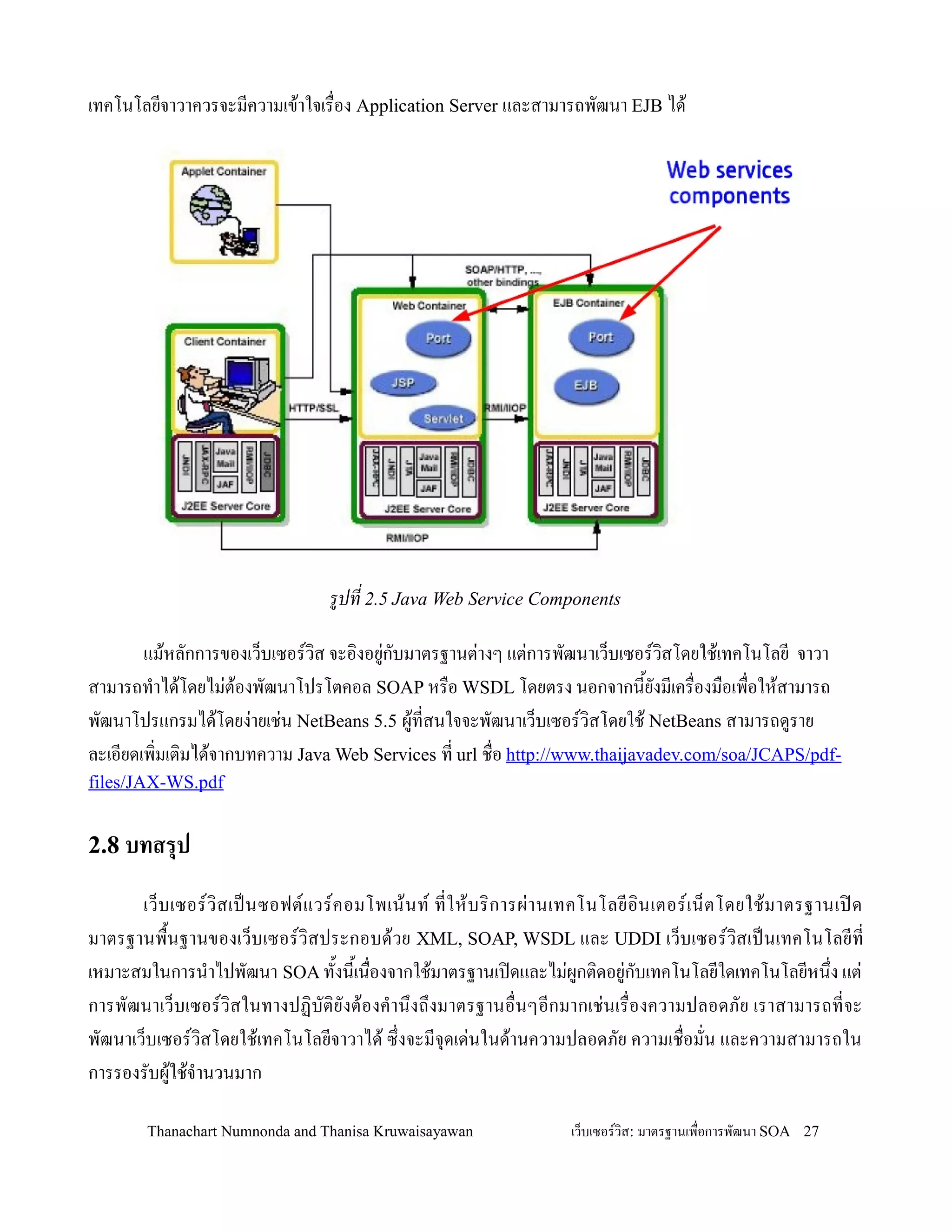 เทคโนโลยจาวาควรจะมความเข'าใจเร0อง Application Server และสามารถพฒนา EJB ได'




                                รปท 2.5 Java Web Service Components

       แม'หลกการของเว/บเซอรว,ส จะอ,งอย+กบมาตรฐานต+างๆ แต+การพฒนาเว/บเซอรว,สโดยใช'เทคโนโลย จาวา
สามารถท-าได'โดยไม+ต'องพฒนาโปรโตคอล SOAP หร0อ WSDL โดยตรง นอกจากน2ยงมเคร0องม0อเพ0อให'สามารถ
พฒนาโปรแกรมได'โดยง+ายเช+น NetBeans 5.5 ผ'ทสนใจจะพฒนาเว/บเซอรว,สโดยใช' NetBeans สามารถดราย
ละเอยดเพ,มเต,มได'จากบทความ Java Web Services ท url ช0อ http://www.thaijavadev.com/soa/JCAPS/pdf-
files/JAX-WS.pdf


2.8 บทสรป

      เว/ บ เซอรว,สเปนซอฟตแวรคอมโพเน' น ท ทให' บ ร, ก ารผ+ า นเทคโนโลยอ, น เตอรเน/ ต โดยใช' ม าตรฐานเป@ ด
มาตรฐานพ02นฐานของเว/บเซอรว,สประกอบด'วย XML, SOAP, WSDL และ UDDI เว/บเซอรว,สเปนเทคโนโลยท
เหมาะสมในการน-าไปพฒนา SOA ท2งน2เน0องจากใช'มาตรฐานเป@ดและไม+ผกต,ดอย+กบเทคโนโลยใดเทคโนโลยหน!ง แต+
การพฒนาเว/บเซอรว,สในทางปฏ,บต,ยงต'องค-าน!งถ!งมาตรฐานอ0นๆอกมากเช+นเร0องความปลอดภย เราสามารถทจะ
พฒนาเว/บเซอรว,สโดยใช'เทคโนโลยจาวาได' ซ!งจะมจ.ดเด+นในด'านความปลอดภย ความเช0อมน และความสามารถใน
การรองรบผ'ใช'จ-านวนมาก

       Thanachart Numnonda and Thanisa Kruwaisayawan             เว!บเซอรวส: มาตรฐานเพ#อการพฒนา SOA 27
 