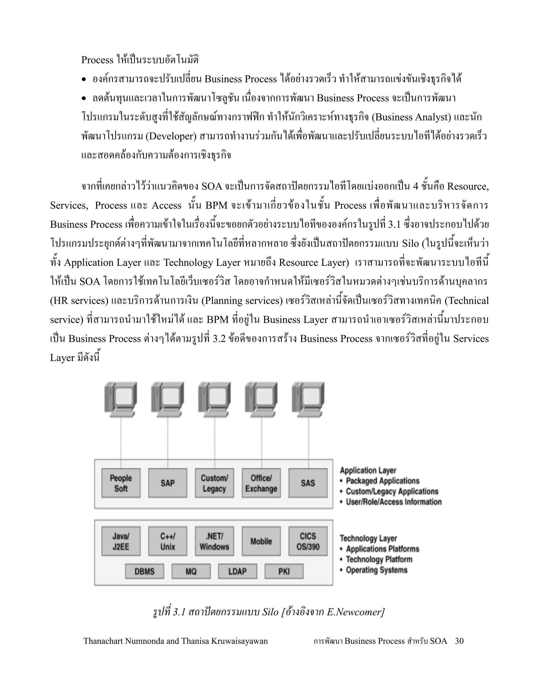 Process ให'เปนระบบอตโนมต,
       • องคกรสามารถจะปรบเปลยน Business Process ได'อย+างรวดเร/ว ท-าให'สามารถแข+งขนเช,งธ.รก,จได'
       • ลดต'นท.นและเวลาในการพฒนาโซลชน เน0องจากการพฒนา Business Process จะเปนการพฒนา
       โปรแกรมในระดบสงทใช'สญลกษณทางกราฟฟ@ก ท-าให'นกว,เคราะหทางธ.รก,จ (Business Analyst) และนก
       พฒนาโปรแกรม (Developer) สามารถท-างานร+วมกนได'เพ0อพฒนาและปรบเปลยนระบบไอทได'อย+างรวดเร/ว
       และสอดคล'องกบความต'องการเช,งธ.รก,จ

       จากทเคยกล+าวไว'ว+าแนวค,ดของ SOA จะเปนการจดสถาปตยกรรมไอทโดยแบ+งออกเปน 4 ช2นค0อ Resource,
Services, Process และ Access น2 น BPM จะเข' า มาเกยวข' อ งในช2 น Process เพ0 อพฒนาและบร, ห ารจดการ
Business Process เพ0อความเข'าใจในเร0องน2จะขอยกตวอย+างระบบไอทขององคกรในรปท 3.1 ซ!งอาจประกอบไปด'วย
โปรแกรมประย.กตต+างๆทพฒนามาจากเทคโนโลยทหลากหลาย ซ!งยงเปนสถาปตยกรรมแบบ Silo (ในรปน2จะเห/นว+า
ท2ง Application Layer และ Technology Layer หมายถ!ง Resource Layer) เราสามารถทจะพฒนาระบบไอทน2
ให'เปน SOA โดยการใช'เทคโนโลยเว/บเซอรว,ส โดยอาจก-าหนดให'มเซอรว,สในหมวดต+างๆเช+นบร,การด'านบ.คลากร
(HR services) และบร,การด'านการเง,น (Planning services) เซอรว,สเหล+าน2จดเปนเซอรว,สทางเทคน,ค (Technical
service) ทสามารถน-ามาใช'ใหม+ได' และ BPM ทอย+ใน Business Layer สามารถน-าเอาเซอรว,สเหล+าน2มาประกอบ
เปน Business Process ต+างๆได'ตามรปท 3.2 ข'อดของการสร'าง Business Process จากเซอรว,สทอย+ใน Services
Layer มดงน2




                       รปท 3.1 สถาปตยกรรมแบบ Silo [อางองจาก E.Newcomer]

       Thanachart Numnonda and Thanisa Kruwaisayawan        การพฒนา Business Process ส$าหรบ SOA 30
 