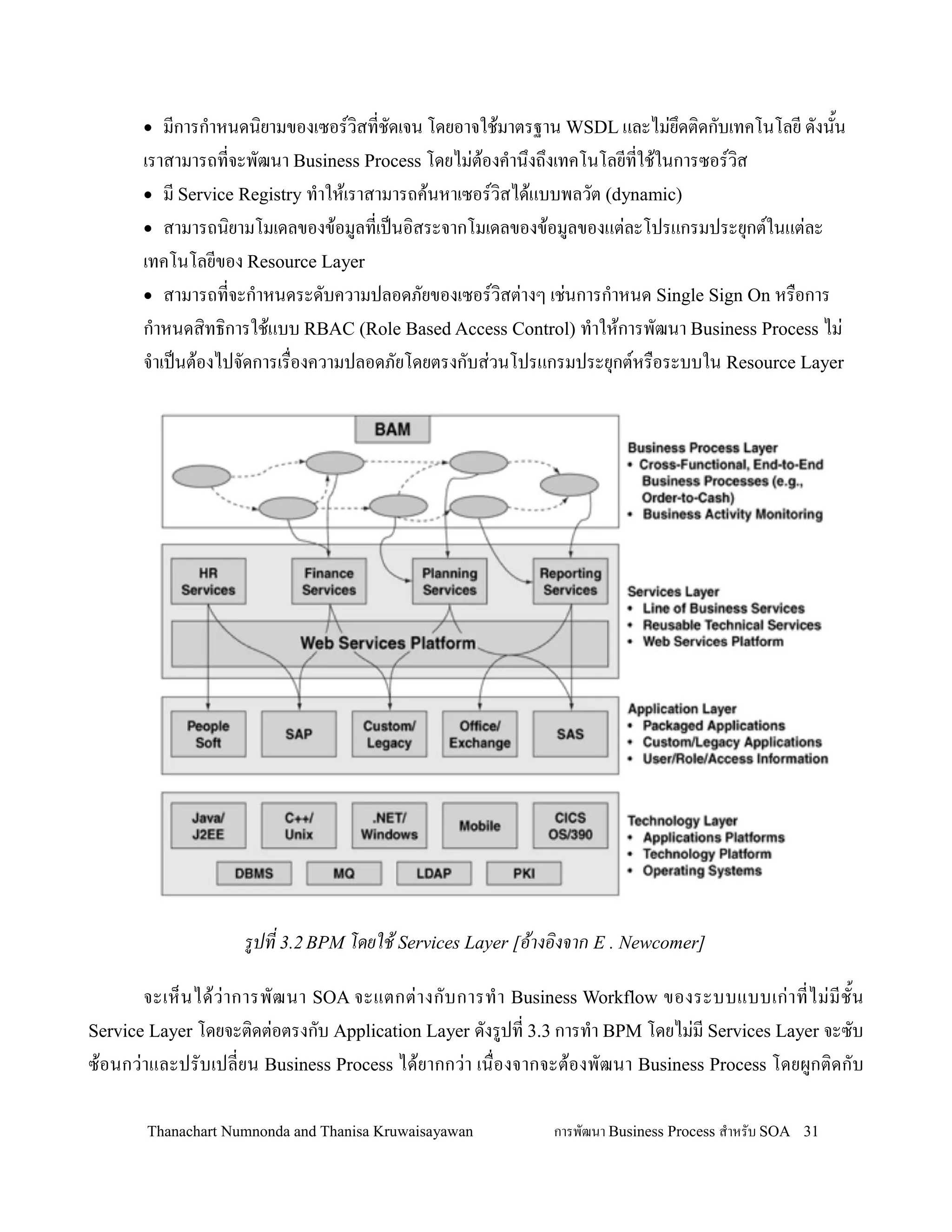 •   มการก-าหนดน,ยามของเซอรว,สทชดเจน โดยอาจใช'มาตรฐาน WSDL และไม+ย!ดต,ดกบเทคโนโลย ดงน2น
       เราสามารถทจะพฒนา Business Process โดยไม+ต'องค-าน!งถ!งเทคโนโลยทใช'ในการซอรว,ส
       • ม Service Registry ท-าให'เราสามารถค'นหาเซอรว,สได'แบบพลวต (dynamic)
       • สามารถน,ยามโมเดลของข'อมลทเปนอ,สระจากโมเดลของข'อมลของแต+ละโปรแกรมประย.กตในแต+ละ
       เทคโนโลยของ Resource Layer
       • สามารถทจะก-าหนดระดบความปลอดภยของเซอรว,สต+างๆ เช+นการก-าหนด Single Sign On หร0อการ
       ก-าหนดส,ทธ,การใช'แบบ RBAC (Role Based Access Control) ท-าให'การพฒนา Business Process ไม+
       จ-าเปนต'องไปจดการเร0องความปลอดภยโดยตรงกบส+วนโปรแกรมประย.กตหร0อระบบใน Resource Layer




                    รปท 3.2 BPM โดยใช Services Layer [อางองจาก E . Newcomer]

       จะเห/ น ได' ว+ า การพฒนา SOA จะแตกต+ า งกบการท- า Business Workflow ของระบบแบบเก+ า ทไม+ ม ช2 น
Service Layer โดยจะต,ดต+อตรงกบ Application Layer ดงรปท 3.3 การท-า BPM โดยไม+ม Services Layer จะซบ
ซ'อนกว+าและปรบเปลยน Business Process ได'ยากกว+า เน0องจากจะต'องพฒนา Business Process โดยผกต,ดกบ

       Thanachart Numnonda and Thanisa Kruwaisayawan         การพฒนา Business Process ส$าหรบ SOA 31
 