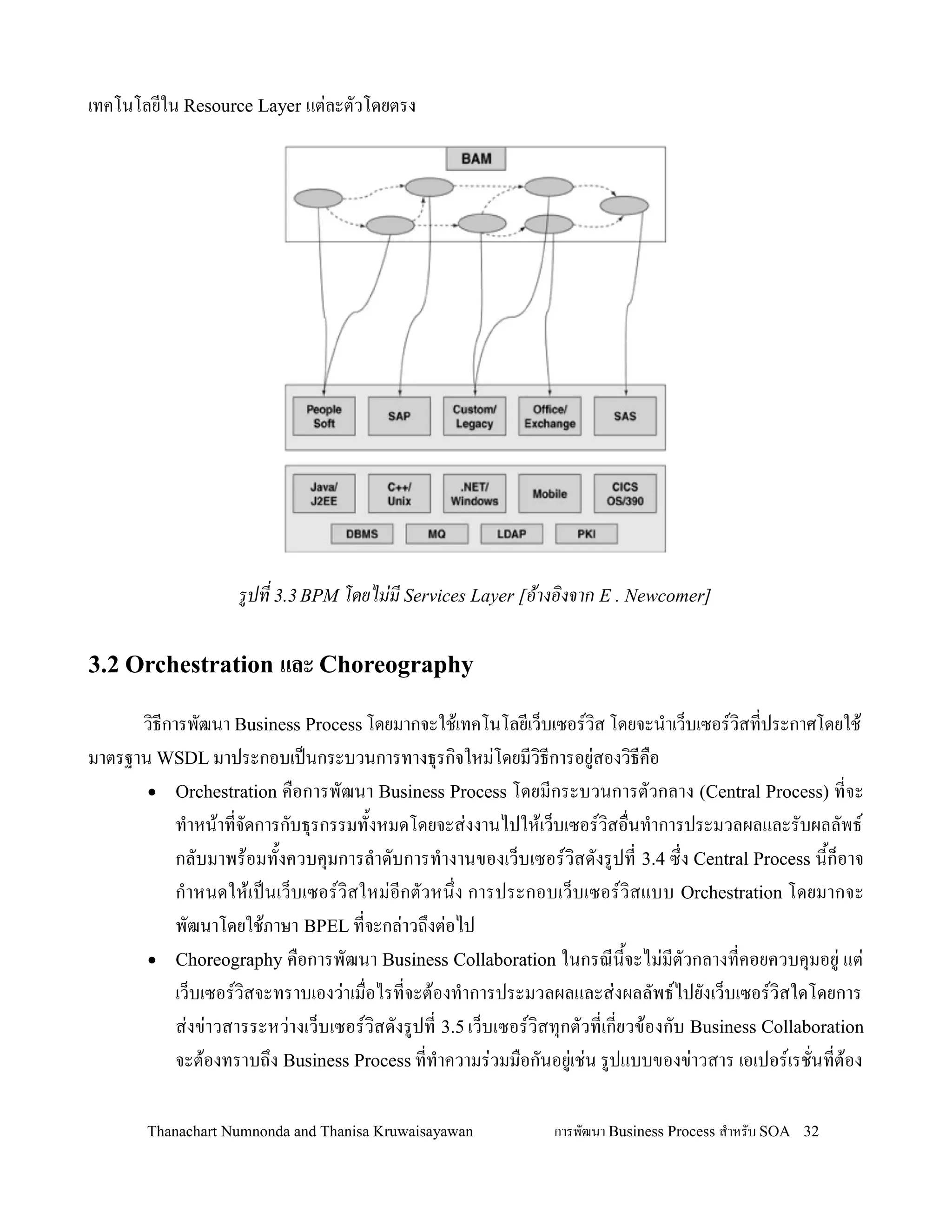 เทคโนโลยใน Resource Layer แต+ละตวโดยตรง




                   รปท 3.3 BPM โดยไมม Services Layer [อางองจาก E . Newcomer]

3.2 Orchestration และ Choreography

      ว,ธการพฒนา Business Process โดยมากจะใช'เทคโนโลยเว/บเซอรว,ส โดยจะน-าเว/บเซอรว,สทประกาศโดยใช'
มาตรฐาน WSDL มาประกอบเปนกระบวนการทางธ.รก,จใหม+โดยมว,ธการอย+สองว,ธค0อ
       • Orchestration ค0อการพฒนา Business Process โดยมกระบวนการตวกลาง (Central Process) ทจะ
           ท-าหน'าทจดการกบธ.รกรรมท2งหมดโดยจะส+งงานไปให'เว/บเซอรว,สอ0นท-าการประมวลผลและรบผลลพธ
           กลบมาพร'อมท2งควบค.มการล-าดบการท-างานของเว/บเซอรว,สดงรปท 3.4 ซ!ง Central Process น2ก/อาจ
           ก-าหนดให'เปนเว/บเซอรว,สใหม+อกตวหน!ง การประกอบเว/บเซอรว,สแบบ Orchestration โดยมากจะ
           พฒนาโดยใช'ภาษา BPEL ทจะกล+าวถ!งต+อไป
       • Choreography ค0อการพฒนา Business Collaboration ในกรณน2จะไม+มตวกลางทคอยควบค.มอย+ แต+
           เว/บเซอรว,สจะทราบเองว+าเม0อไรทจะต'องท-าการประมวลผลและส+งผลลพธไปยงเว/บเซอรว,สใดโดยการ
           ส+งข+าวสารระหว+างเว/บเซอรว,สดงรปท 3.5 เว/บเซอรว,สท.กตวทเกยวข'องกบ Business Collaboration
           จะต'องทราบถ!ง Business Process ทท-าความร+วมม0อกนอย+เช+น รปแบบของข+าวสาร เอเปอรเรชนทต'อง

       Thanachart Numnonda and Thanisa Kruwaisayawan       การพฒนา Business Process ส$าหรบ SOA 32
 