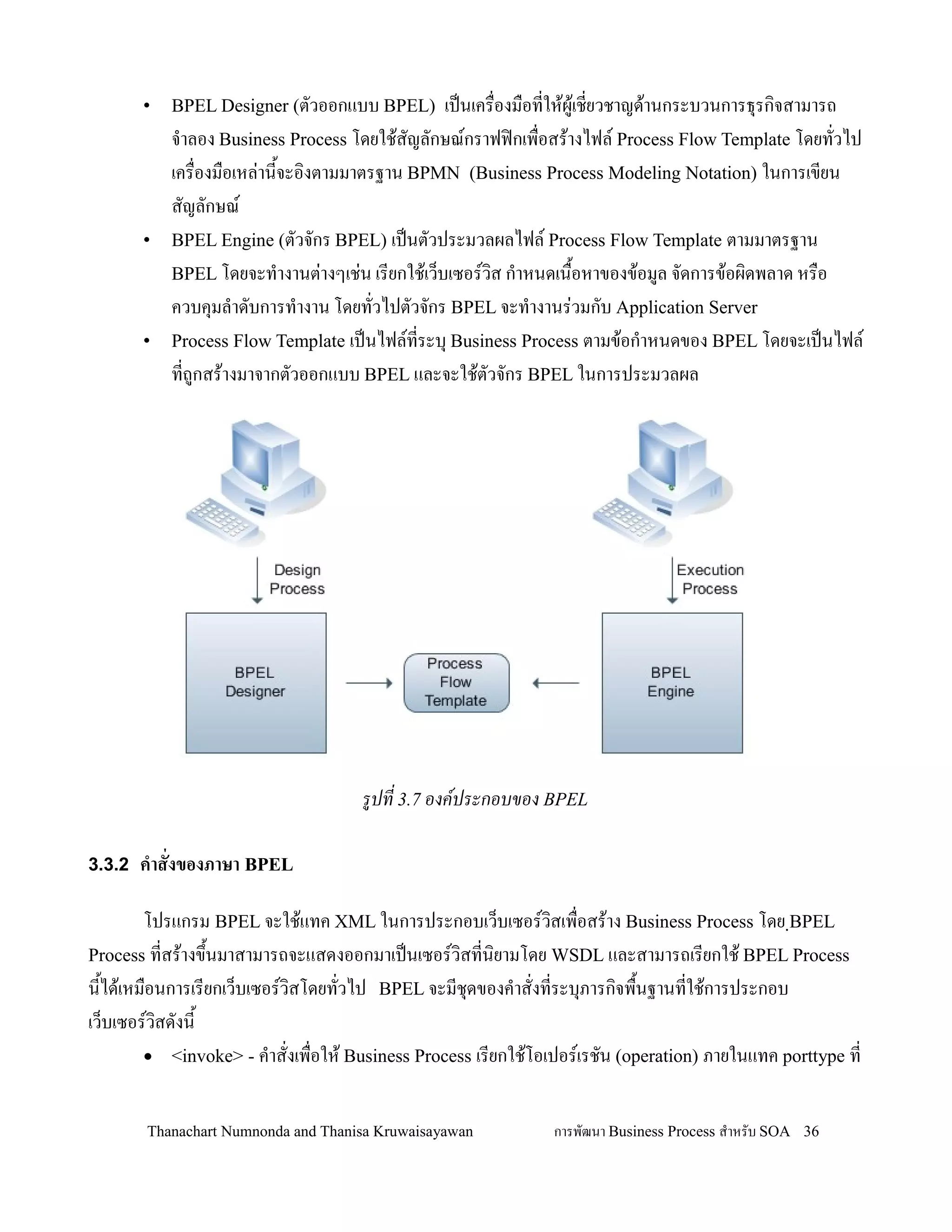 •   BPEL Designer (ตวออกแบบ BPEL)        เปนเคร0องม0อทให'ผ'เชยวชาญด'านกระบวนการธ.รก,จสามารถ
           จ-าลอง Business Process โดยใช'สญลกษณกราฟฟ@กเพ0อสร'างไฟล Process Flow Template โดยทวไป
           เคร0องม0อเหล+าน2จะอ,งตามมาตรฐาน BPMN (Business Process Modeling Notation) ในการเขยน
           สญลกษณ
       •   BPEL Engine (ตวจกร BPEL) เปนตวประมวลผลไฟล Process Flow Template ตามมาตรฐาน
           BPEL โดยจะท-างานต+างๆเช+น เรยกใช'เว/บเซอรว,ส ก-าหนดเน02อหาของข'อมล จดการข'อผ,ดพลาด หร0อ
           ควบค.มล-าดบการท-างาน โดยทวไปตวจกร BPEL จะท-างานร+วมกบ Application Server
       •   Process Flow Template เปนไฟลทระบ. Business Process ตามข'อก-าหนดของ BPEL โดยจะเปนไฟล
           ทถกสร'างมาจากตวออกแบบ BPEL และจะใช'ตวจกร BPEL ในการประมวลผล




                                    รปท 3.7 องค'ประกอบของ BPEL

3.3.2 ค&าส'งของภาษา BPEL

        โปรแกรม BPEL จะใช'แทค XML ในการประกอบเว/บเซอรว,สเพ0อสร'าง Business Process โดย HBPEL
Process ทสร'างข!2นมาสามารถจะแสดงออกมาเปนเซอรว,สทน,ยามโดย WSDL และสามารถเรยกใช' BPEL Process
น2ได'เหม0อนการเรยกเว/บเซอรว,สโดยทวไป BPEL จะมช.ดของค-าสงทระบ.ภารก,จพ02นฐานทใช'การประกอบ
เว/บเซอรว,สดงน2
        • <invoke> - ค-าสงเพ0อให' Business Process เรยกใช'โอเปอรเรชน (operation) ภายในแทค porttype ท


       Thanachart Numnonda and Thanisa Kruwaisayawan        การพฒนา Business Process ส$าหรบ SOA 36
 