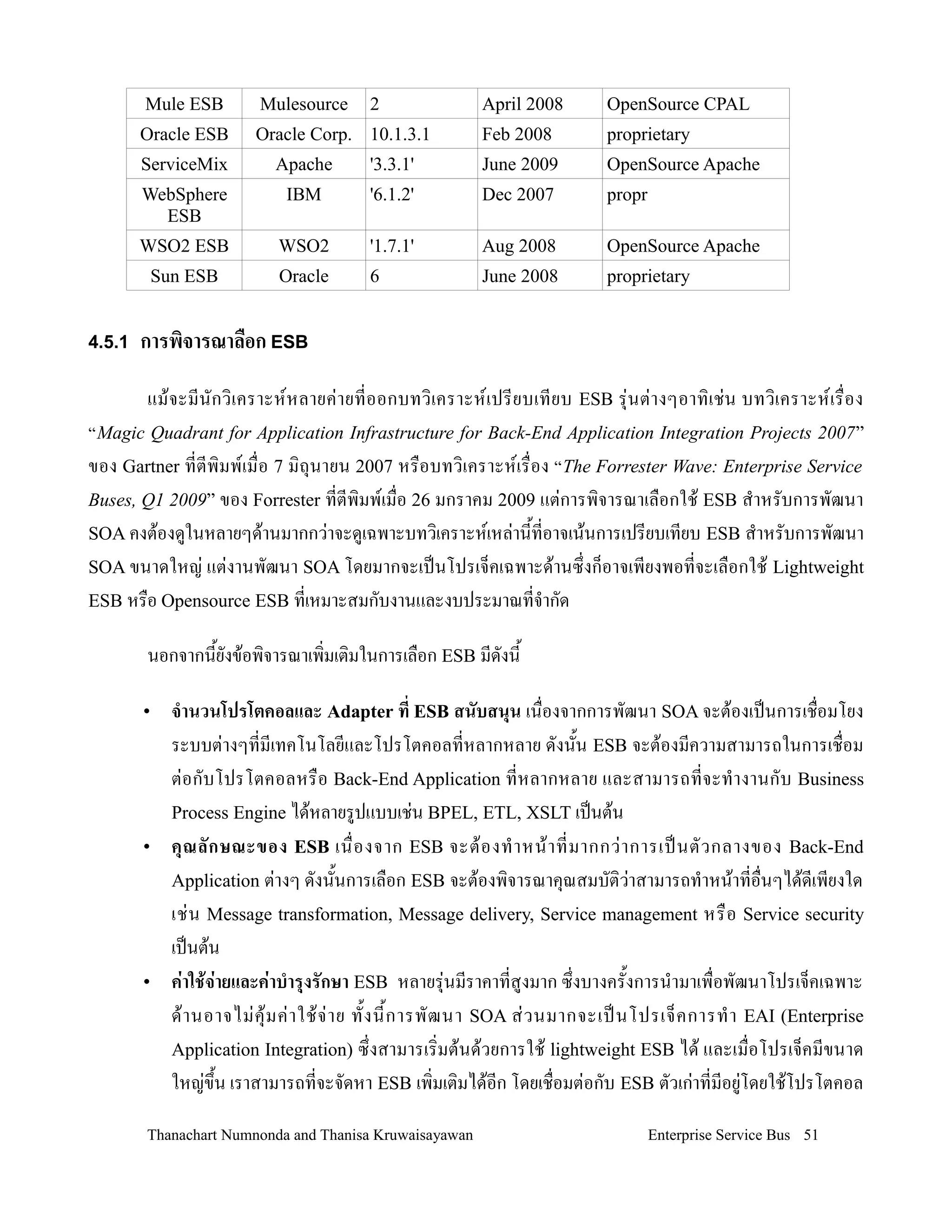 Mule ESB           Mulesource       2                April 2008         OpenSource CPAL
      Oracle ESB         Oracle Corp. 10.1.3.1              Feb 2008           proprietary
      ServiceMix            Apache         '3.3.1'          June 2009          OpenSource Apache
      WebSphere               IBM          '6.1.2'          Dec 2007           propr
        ESB
      WSO2 ESB               WSO2          '1.7.1'          Aug 2008           OpenSource Apache
           Sun ESB           Oracle        6                June 2008          proprietary


4.5.1 การพจารณาล'อก ESB

       แม+ จ ะมนกวเคราะหหลายค'า ยทออกบทวเคราะหเปรยบเทยบ ESB ร4'น ต' า งๆอาทเช'น บทวเคราะหเร# อง
“ Magic Quadrant for Application Infrastructure for Back-End Application Integration Projects 2007”
ของ Gartner ทตพมพเม#อ 7 มถ4นายน 2007 หร#อบทวเคราะหเร#อง “ The Forrester Wave: Enterprise Service
Buses, Q1 2009” ของ Forrester ทตพมพเม#อ 26 มกราคม 2009 แต'การพจารณาเล#อกใช+ ESB ส$าหรบการพฒนา
SOA คงต+องด9ในหลายๆด+านมากกว'าจะด9เฉพาะบทวเคราะหเหล'าน2ทอาจเน+นการเปรยบเทยบ ESB ส$าหรบการพฒนา
SOA ขนาดใหญ' แต'งานพฒนา SOA โดยมากจะเป0นโปรเจ!คเฉพาะด+านซ/งก!อาจเพยงพอทจะเล#อกใช+ Lightweight
ESB หร#อ Opensource ESB ทเหมาะสมกบงานและงบประมาณทจ$ากด

       นอกจากน2ยงข+อพจารณาเพมเตมในการเล#อก ESB มดงน2

       •     จ&านวนโปรโตคอลและ Adapter ท ESB สนบสนน เน#องจากการพฒนา SOA จะต+องเป0นการเช#อมโยง
             ระบบต'างๆทมเทคโนโลยและโปรโตคอลทหลากหลาย ดงน2น ESB จะต+องมความสามารถในการเช#อม
             ต'อ กบโปรโตคอลหร#อ Back-End Application ทหลากหลาย และสามารถทจะท$า งานกบ Business
             Process Engine ได+หลายร9ปแบบเช'น BPEL, ETL, XSLT เป0นต+น
       •     ค ณลกษณะของ ESB เน# องจาก ESB จะต+ อ งท$ า หน+ า ทมากกว' า การเป0 น ตวกลางของ Back-End
             Application ต'างๆ ดงน2นการเล#อก ESB จะต+องพจารณาค4ณสมบตว'าสามารถท$าหน+าทอ#นๆได+ดเพยงใด
             เช' น Message transformation, Message delivery, Service management หร# อ Service security
             เป0นต+น
       •     ค0าใช)จ0ายและค0าบ&ารงรกษา ESB หลายร4'นมราคาทส9งมาก ซ/งบางคร2งการน$ามาเพ#อพฒนาโปรเจ!คเฉพาะ
             ด+ า นอาจไม' ค4+ ม ค' า ใช+ จ' า ย ท2 ง น2 ก ารพฒนา SOA ส' ว นมากจะเป0 น โปรเจ! ค การท$ า EAI (Enterprise
             Application Integration) ซ/ งสามารเรมต+นด+วยการใช+ lightweight ESB ได+ และเม#อโปรเจ!คมขนาด
             ใหญ'ข/2น เราสามารถทจะจดหา ESB เพมเตมได+อก โดยเช#อมต'อกบ ESB ตวเก'าทมอย9'โดยใช+โปรโตคอล

       Thanachart Numnonda and Thanisa Kruwaisayawan                                   Enterprise Service Bus 51
 