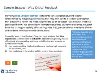 16
Sample Strategy: Wise Critical Feedback
Providing Wise Critical Feedback to students can strengthen student-teacher
relationships by mitigating any mistrust that may exist due to a student’s perception
that bias plays a role in the feedback provided by an educator. “Wise critical feedback”
(described below) has been shown to improve students’ academic outcomes. Research
finds this strategy especially effective in grades 7-12, particularly with students of color
and students from low-income communities.
“Minority students’ prior
encounters with
discrimination and their
awareness of the
significance of race can
affect their academic
outcomes by influencing
the way that they
interpret ongoing school
experiences” (Yeager, et al.,
2014, pg. 807)
To provide “wise, critical feedback,” teachers must reinforce their high
expectations and their belief in a student’s potential though every instance
of feedback. When providing written or verbal feedback to students, be
sure to communicate:
1) that you’re providing this feedback because you have high standards
for the student, and
2) that you believe in the student’s ability to meet those standards.
M S
 