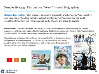 28
Sample Strategy: Perspective Taking Through Biographies
Reading Biographies helps students become immersed in another person’s perspective
and experience. Reading narratives about another person’s experience can build
empathy, strengthen peer relationships, and enhance pro-social behaviors.
Gallery Walk: Students create text and visuals or other creative expressions that convey the unique
experiences of the person featured in the biography. Students then conduct a “gallery walk,” spending time
at each student’s station to learn about a new person and their experiences.
Students must understand their chosen person sufficiently to answer questions
that peers or teachers may pose. In the process, students learn about that
person’s perspective and circumstances, as well as how these factors relate to
the person’s actions and/or emotions.
E M S
 