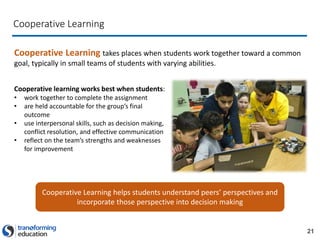 21
Cooperative Learning
Cooperative Learning takes places when students work together toward a common
goal, typically in small teams of students with varying abilities.
Cooperative learning works best when students:
• work together to complete the assignment
• are held accountable for the group’s final
outcome
• use interpersonal skills, such as decision making,
conflict resolution, and effective communication
• reflect on the team’s strengths and weaknesses
for improvement
Cooperative Learning helps students understand peers’ perspectives and
incorporate those perspective into decision making
 