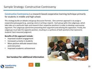 23
Constructive Controversy is a research-based cooperative learning technique primarily
for students in middle and high school.
Benefits of this approach include:
• Improved student engagement
• Increased curiosity in students
• More positive attitude toward class
and instruction
• Improved academic achievement
This strategy builds on debate and group discussion formats. One common approach is to assign a
cooperative group goal (e.g., passing a test or writing a report). Each group splits into subgroups, which
take sides on a particular topic and research their respective positions in order to develop a persuasive
argument. The subgroups spend time presenting their argument and refuting the opposition. Finally, the
subgroups must take the opposite position, resulting in a synthesis of both positions that represents
students’ best reasoned judgment.
Sample Strategy: Constructive Controversy
See handout for additional information
M S
 
