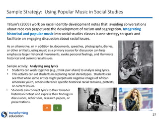 27
Sample Strategy: Using Popular Music in Social Studies
Tatum’s (2003) work on racial identity development notes that avoiding conversations
about race can perpetuate the development of racism and segregation. Integrating
historical and popular music into social studies classes is one strategy to spark and
facilitate an engaging discussion about racial issues.
M S
As an alternative, or in addition to, documents, speeches, photographs, diaries,
or other artifacts, using music as a primary source for discussion can help
emphasize larger historical movements, evoke personal feelings, and illuminate
historical and current racial issues.
Sample activity: Analyzing song lyrics
• Students can work together (e.g., think-pair-share) to analyze song lyrics.
• This activity can aid students in exploring racial stereotypes. Students can
see that while some artists might perpetuate negative images of African
American youth, others reference specific historical racial tensions, protests,
or current issues.
• Students can connect lyrics to their broader
historical context and express their findings in
discussions, reflections, research papers, or
presentations.
 