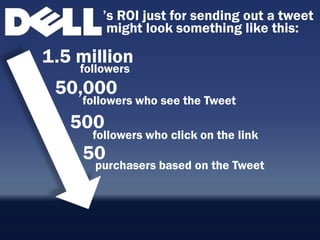 ‟s ROI just for sending out a tweet
         might look something like this:

1.5 million
    followers
 50,000
    followers who see the Tweet
   500
      followers who click on the link
    50
      purchasers based on the Tweet
 