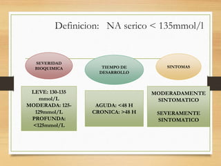 PSEUDOHIPONATREMIA
A.- HIPONATREMIA/ISOOSMOLARIDAD
• Hiperlipidemia primaria o secundaria.
• Lípidos plasmáticos 4.6 gr/l ...