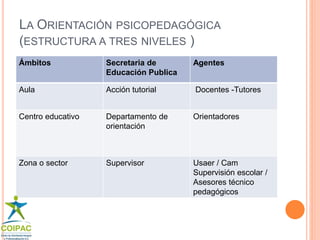 LA ORIENTACIÓN PSICOPEDAGÓGICA 
(ESTRUCTURA A TRES NIVELES ) 
Ámbitos Secretaria de 
Educación Publica 
Agentes 
Aula Acción tutorial Docentes -Tutores 
Centro educativo Departamento de 
orientación 
Orientadores 
Zona o sector Supervisor Usaer / Cam 
Supervisión escolar / 
Asesores técnico 
pedagógicos 
 