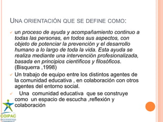 UNA ORIENTACIÓN QUE SE DEFINE COMO: 
 un proceso de ayuda y acompañamiento continuo a 
todas las personas, en todos sus aspectos, con 
objeto de potenciar la prevención y el desarrollo 
humano a lo largo de toda la vida. Esta ayuda se 
realiza mediante una intervención profesionalizada, 
basada en principios científicos y filosóficos. 
(Bisquerra ,1998) 
 Un trabajo de equipo entre los distintos agentes de 
la comunidad educativa , en colaboración con otros 
agentes del entorno social. 
 Una comunidad educativa que se construye 
como un espacio de escucha ,reflexión y 
colaboración 
 