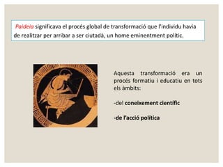 Paideia significava el procés global de transformació que l'individu havia 
de realitzar per arribar a ser ciutadà, un home eminentment polític. 
Aquesta transformació era un 
procés formatiu i educatiu en tots 
els àmbits: 
-del coneixement científic 
-de l’acció política 
 
