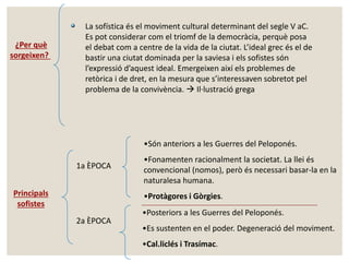 ¿Per què 
sorgeixen? 
La sofística és el moviment cultural determinant del segle V aC. 
Es pot considerar com el triomf de la democràcia, perquè posa 
el debat com a centre de la vida de la ciutat. L’ideal grec és el de 
bastir una ciutat dominada per la saviesa i els sofistes són 
l’expressió d’aquest ideal. Emergeixen així els problemes de 
retòrica i de dret, en la mesura que s’interessaven sobretot pel 
problema de la convivència.  Il·lustració grega 
Principals 
sofistes 
1a ÈPOCA 
2a ÈPOCA 
•Són anteriors a les Guerres del Peloponés. 
•Fonamenten racionalment la societat. La llei és 
convencional (nomos), però és necessari basar-la en la 
naturalesa humana. 
•Protàgores i Gòrgies. 
•Posteriors a les Guerres del Peloponés. 
•Es sustenten en el poder. Degeneració del moviment. 
•Cal.liclés i Trasímac. 
 