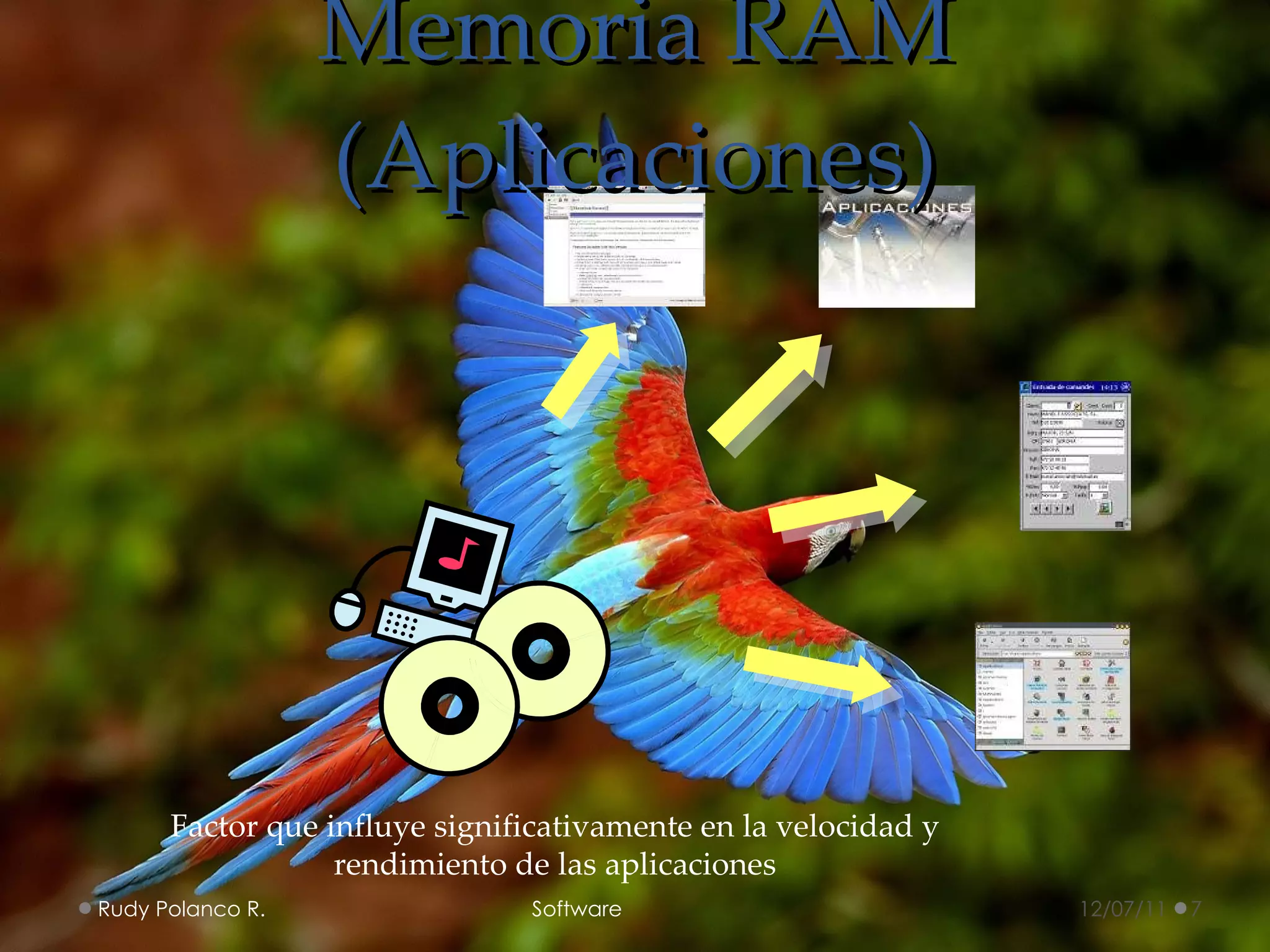 Memoria RAM (Aplicaciones) Factor que influye significativamente en la velocidad y rendimiento de las aplicaciones 12/07/11 Rudy Polanco R.  Software 