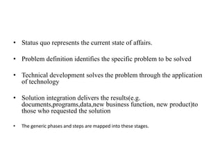 • Status quo represents the current state of affairs.
• Problem definition identifies the specific problem to be solved
• Technical development solves the problem through the application
of technology
• Solution integration delivers the results(e.g.
documents,programs,data,new business function, new product)to
those who requested the solution
• The generic phases and steps are mapped into these stages.
 