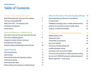 Software testing through the ages				1
Waterfall development: Document then develop		 2
“Don’t go chasing Waterfall” 			 		3
Made in the USA — the industrial roots
of software development						4
History lesson							5
Agile methodology in software testing			6
Don’t throw code over the wall. Take down the wall. 		 7
The case of exploding defects					8
6 reasons to involve software testing at
the beginning of the project					9
Software testing methodologies deconstructed 		 10
Types of testing 							11
Story-based testing 						12
Sprint testing 							13
Feature/Code freeze and regression testing 			 14
Performance testing 						15
Performance test steps 						16
What’s lurking in the shadows of mobile testing? 		 17
Table of Contents
Show me the money: The cost of quality software 	 18
Historically testing mobile hasn’t just different.
It’s been harder. 							19
Challenges managing costs in mobile software testing 	 20
Buried in the economics of native mobile testing 		 21
Scale up or stretch the timeline? 					 22
Managing the cost of quality with automation		 23
Mobile testing in 2016						25
Automate to great							26
The benefits of automation					 27
Even more benefits							 28
The tension between design and
mobile automation testing						29
Automation QA’s, the enemy of Agile?				 30
The role of user personas in mobile automation testing	 31
So why isn’t EVERYONE using test mobile automation? 	 32
Manual regression — gone wrong 				 33
 