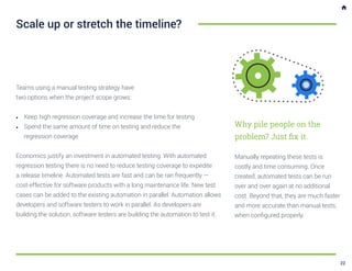 Teams using a manual testing strategy have
two options when the project scope grows:
•	 Keep high regression coverage and increase the time for testing
•	 Spend the same amount of time on testing and reduce the
regression coverage
Economics justify an investment in automated testing. With automated
regression testing there is no need to reduce testing coverage to expedite
a release timeline. Automated tests are fast and can be ran frequently —
cost-effective for software products with a long maintenance life. New test
cases can be added to the existing automation in parallel. Automation allows
developers and software testers to work in parallel. As developers are
building the solution, software testers are building the automation to test it.
Scale up or stretch the timeline?
Why pile people on the
problem? Just fix it.
Manually repeating these tests is
costly and time consuming. Once
created, automated tests can be run
over and over again at no additional
cost. Beyond that, they are much faster
and more accurate than manual tests,
when configured properly.
22
 