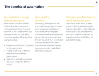 The benefits of automation
Increased test coverage,
limited time spent
Often it takes herculean effort to
sufficiently test the coverage of
software projects. Read: Frequent
repetition of the same or similar test
cases performed manually. Hello
monotony, goodbye efficiency. Some
examples include:
•	 Regression testing after bug fixes or
further development
•	 Testing of software on different
platforms or with different
configurations
•	 Data-driven testing (running same
test cases using many different
inputs)
Better quality
software
Automating your regression tests
is one of the biggest wins to ensure
continuous system stability and
functionality while changes to
software are made. Automated tests
perform the same steps each time
they are executed. They never forget
to record detailed results. What
this means for your team? Shorter
development cycles coupled with
better software quality.
Optimize speed & efficiency
while decreasing costs
Automation allows teams to keep
project costs low and test coverage
high by reducing the number of people
teams need to test. Instead of rote
tasks, your test team is focused on
high value strategy and building the
automation scripts.
26
 
