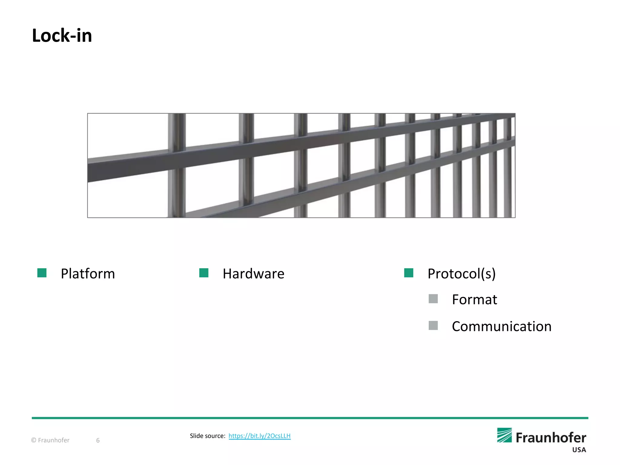 © Fraunhofer 6
n Platform
Lock-in
n Hardware n Protocol(s)
n Format
n Communication
Slide source: https://bit.ly/2OcsLLH
 