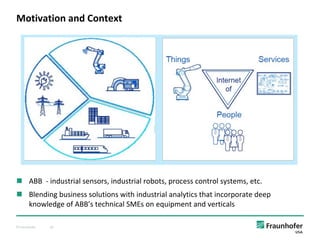 © Fraunhofer 18
n ABB - industrial sensors, industrial robots, process control systems, etc.
n Blending business solutions with industrial analytics that incorporate deep
knowledge of ABB’s technical SMEs on equipment and verticals
Motivation and Context
 