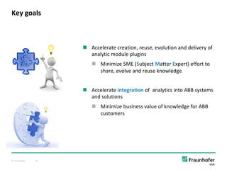 © Fraunhofer 19
n Accelerate creation, reuse, evolution and delivery of
analytic module plugins
n Minimize SME (Subject Matter Expert) effort to
share, evolve and reuse knowledge
n Accelerate integration of analytics into ABB systems
and solutions
n Minimize business value of knowledge for ABB
customers
Key goals
 