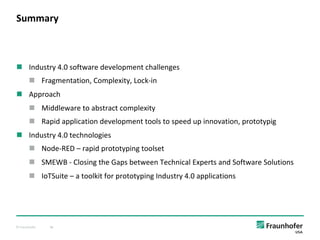 © Fraunhofer 38
n Industry 4.0 software development challenges
n Fragmentation, Complexity, Lock-in
n Approach
n Middleware to abstract complexity
n Rapid application development tools to speed up innovation, prototypig
n Industry 4.0 technologies
n Node-RED – rapid prototyping toolset
n SMEWB - Closing the Gaps between Technical Experts and Software Solutions
n IoTSuite – a toolkit for prototyping Industry 4.0 applications
Summary
 